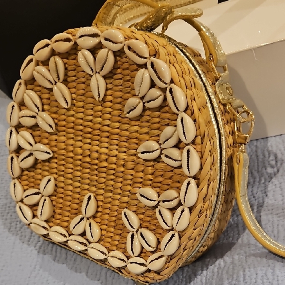 Shell-Embellished Tan Woven Bag